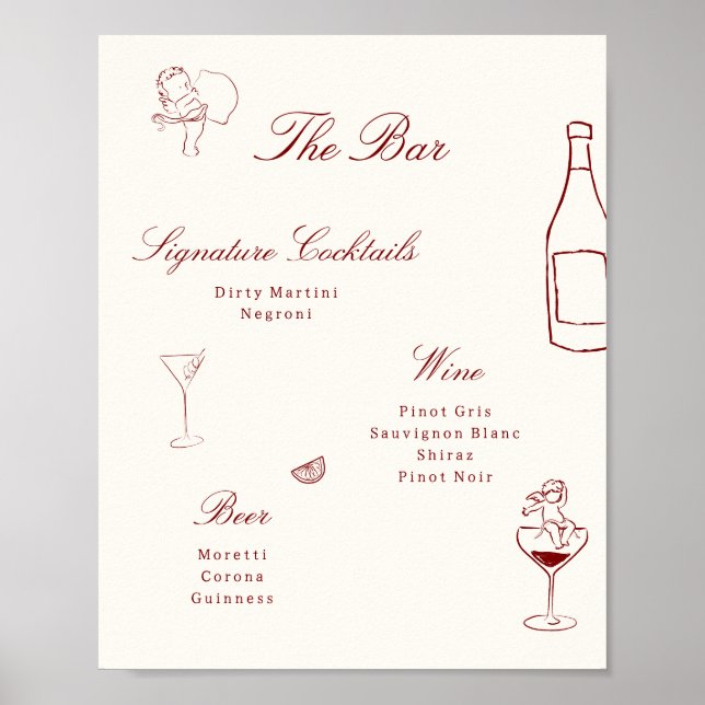 Affiche Red Illustrated Whimsical Wedding Bar Menu (Devant)
