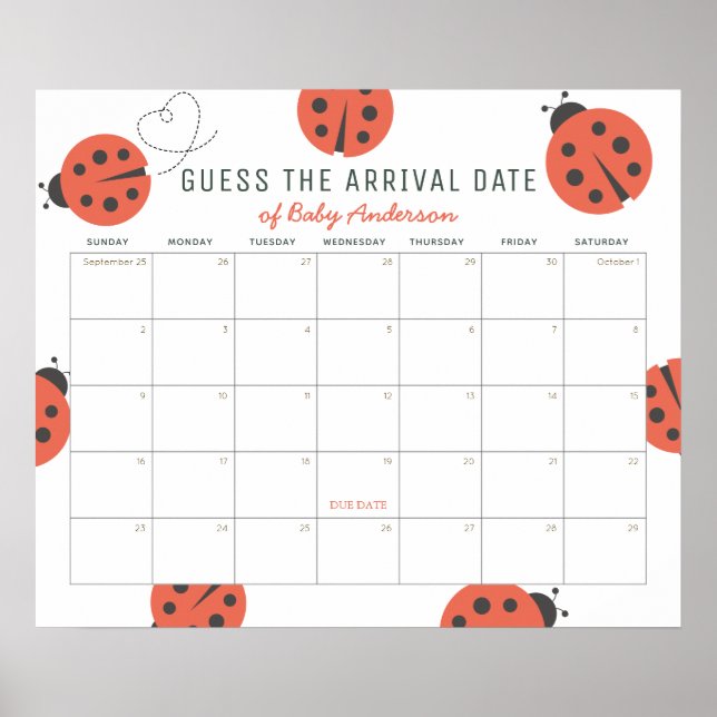 Affiche Red Ladybugs Guess The Due Date Calendar (Devant)