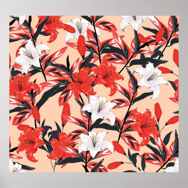 Affiche Red Lily : Motif botanique Vintage. (Devant)