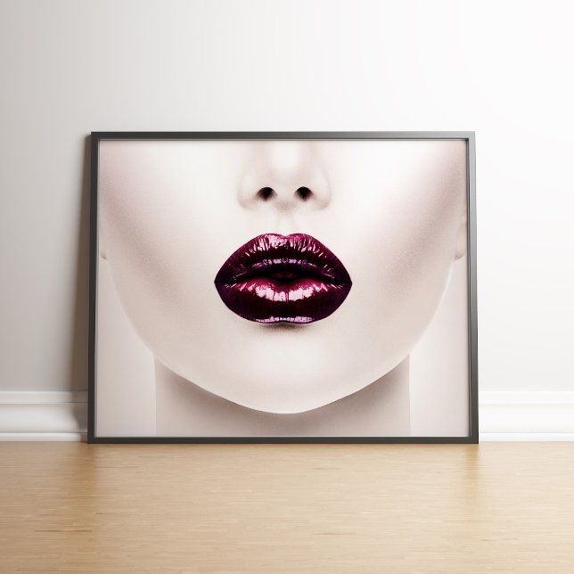 Affiche Red Lips Fashion Print (Lips with Red Metallic Lipstick Fashion Print in a black frame.)