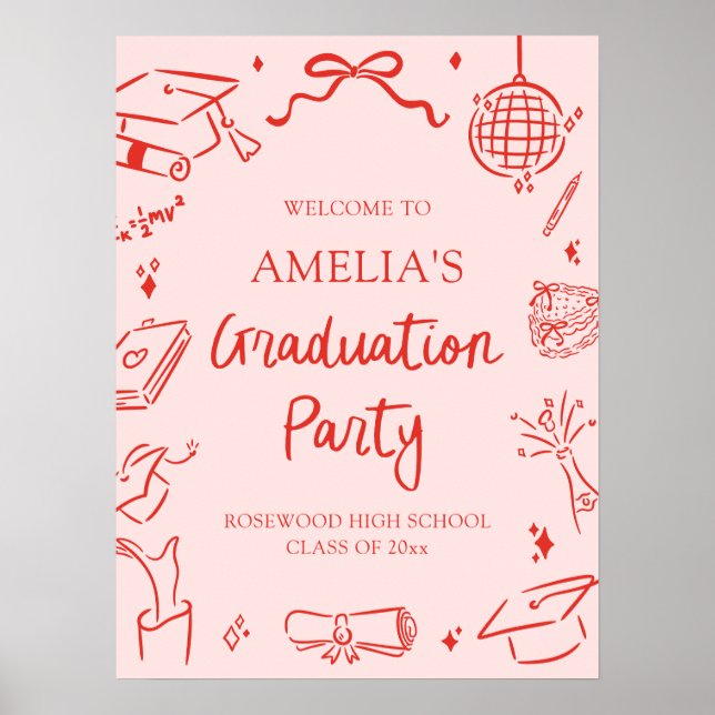 Affiche Red Modern Hand Drawn Graduation Party Welcome (Devant)
