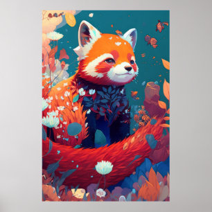Affiche Red Panda Animal Portrait Peinture Forêt faunique