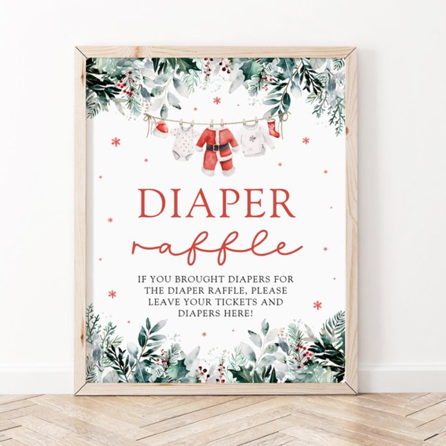 Affiche Red Père Noël Baby Baby shower de Noël Déchets Raf (Watercolor Red Santa Baby Christmas Baby Shower Diaper Raffle Sign)