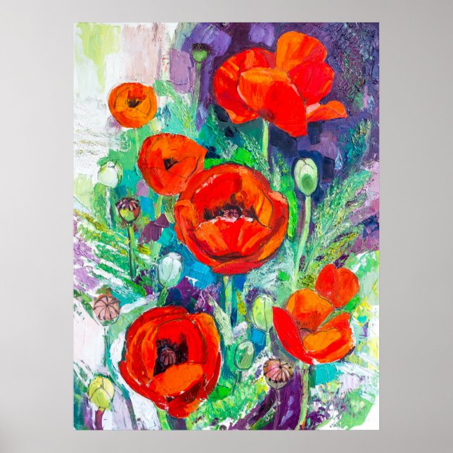 Affiche Red Poppies Impasto Oil Painting Style  (Devant)