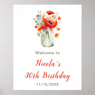 Affiche Red Poppies Mason Jar Bienvenue à l'anniversaire