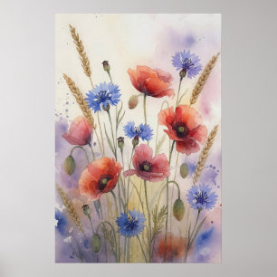 Affiche Red Poppy Blue Cornflower Watercolor Print