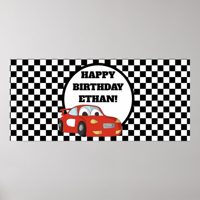 Affiche Red Race Car Black White Anniversaire Bannière (Devant)