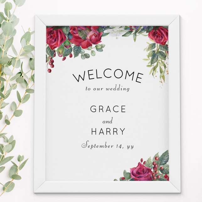 Affiche Red Rose and Eucalyptus Wedding Welcome (Wedding welcome poster from my Red Rose and Eucalptus collection - order printed or digital)