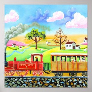 Affiche Red steam train naive folk art painting
