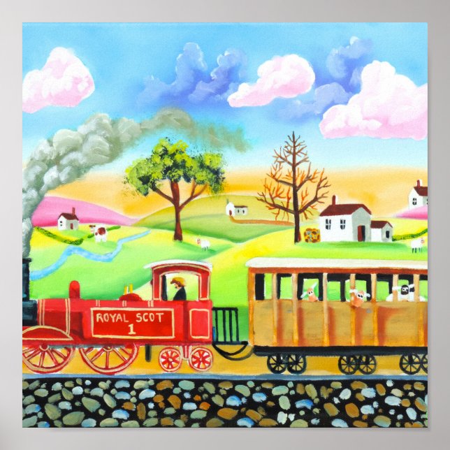 Affiche Red steam train naive folk art painting (Devant)