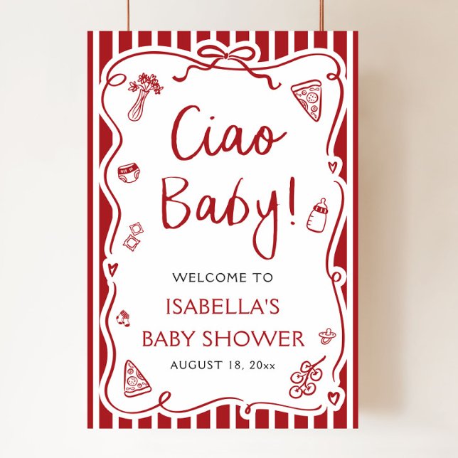 Affiche Red Stripes Italien Ciao Baby Baby shower Bienvenu (Red Stripes Hand Drawn Italian Ciao Baby Baby Shower Welcome Sign )