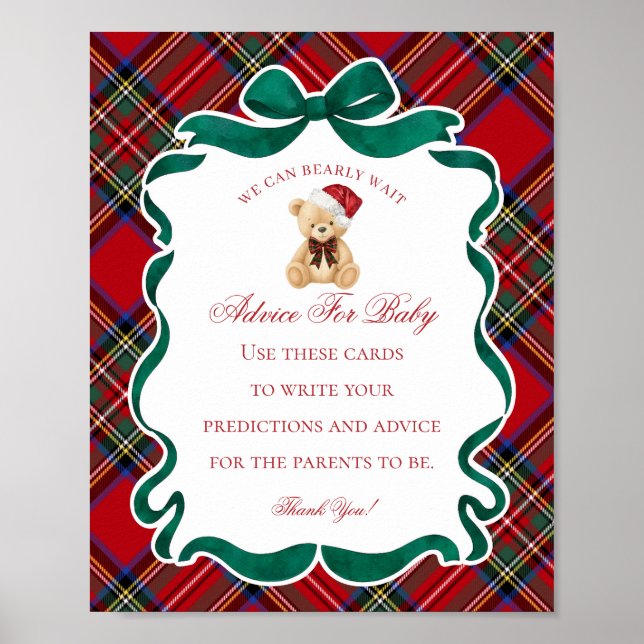 Affiche Red Tartan Plaid Christmas Bear Advice for Baby (Devant)