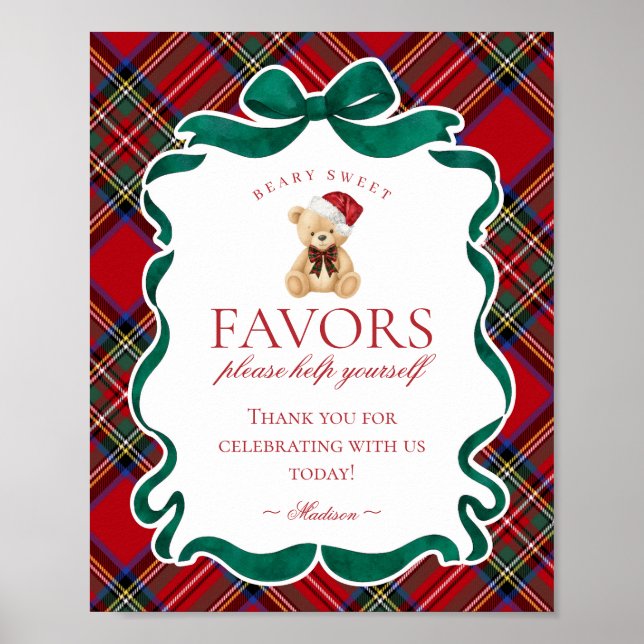 Affiche Red Tartan Plaid Christmas Bear Party Favor Sign (Devant)