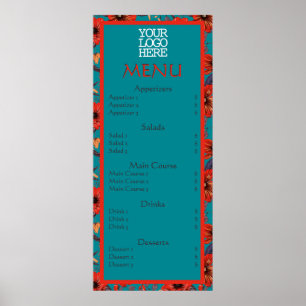 Affiche Red Turquoise Floral Café Restaurant Menu