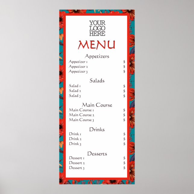 Affiche Red Turquoise Floral Café Restaurant Menu (Devant)
