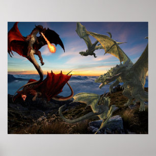 Affiche Red vs Green Dragons Bataille Imaginaire Combat