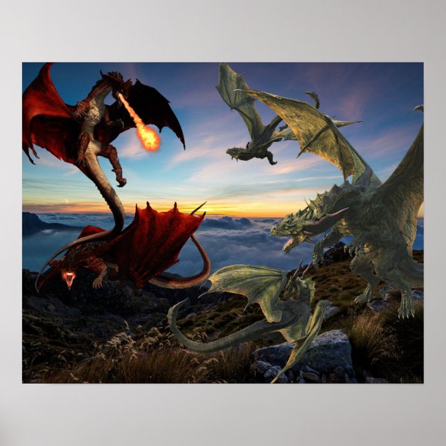 Affiche Red vs Green Dragons Bataille Imaginaire Combat (Devant)
