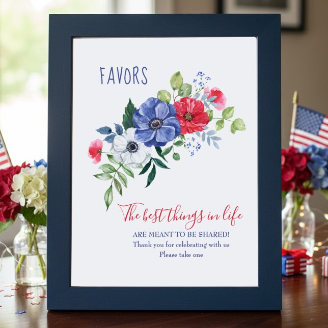 Affiche Red White and Blue Floral Favor Table Sign (Favor Table Sign with red white and blue floral bouquet - perfect for patriotic themed celebrations)