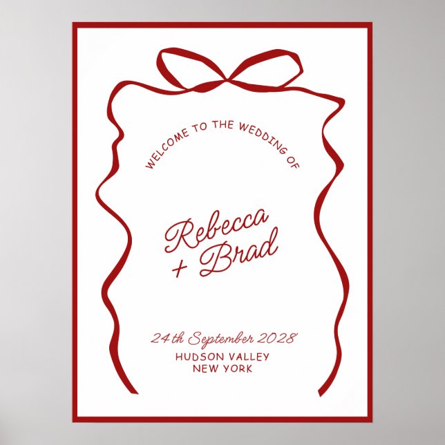 Affiche Red & White Hand Drawn Bow Wedding Welcome Sign (Devant)