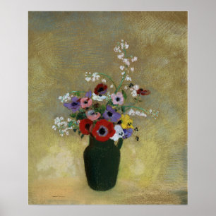 Affiche Redon - Grand Vase Vert Avec Fleurs Mixtes