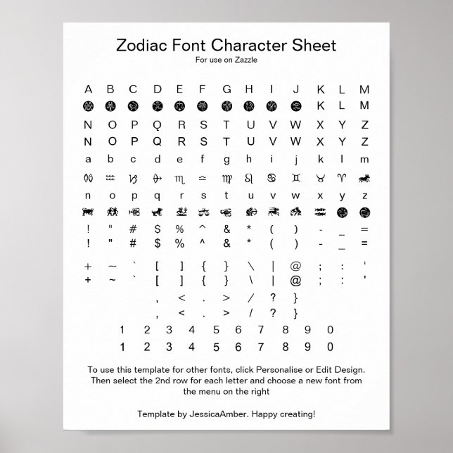 Affiche Référence de caractères de police de symbole du zo (Devant)