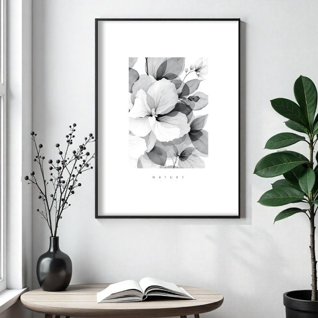 Affiche Refined Black White Overlapping Leaves & Flowers (Refined Black & White Illustration of Overlapping Leaves and Flowers Posters.)