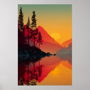 Affiche Reflet au lever du soleil Lac alpin Silhouette de