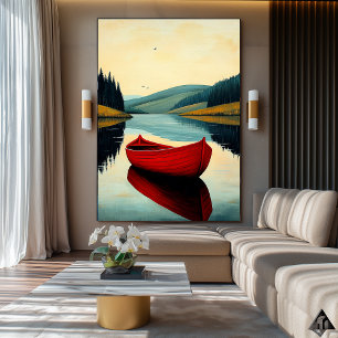 Affiche Reflet de Bateau Rouge – Art Naïf de Lac Serein