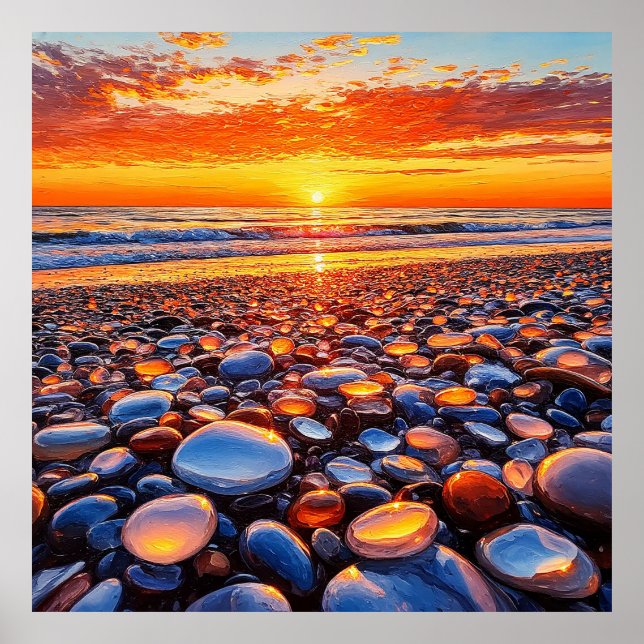 Affiche Reflet de coucher de soleil vibrant sur des galets (Devant)