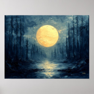 Affiche Reflet de forêt au clair de lune – Abstrait bleu e