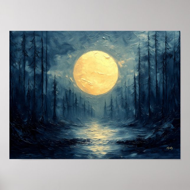 Affiche Reflet de forêt au clair de lune – Abstrait bleu e (Devant)