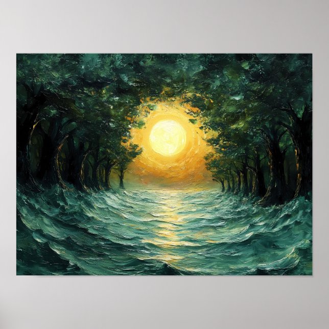 Affiche Reflet de forêt au coucher du soleil – Soleil doré (Devant)