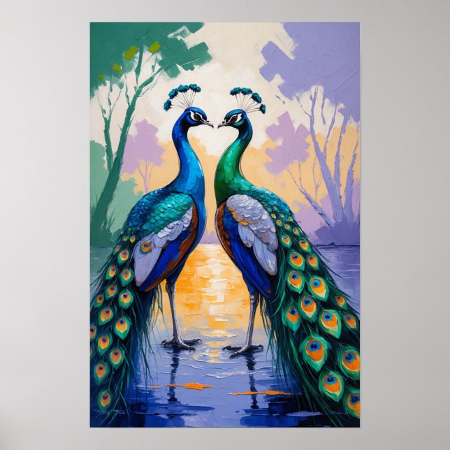 Affiche Reflet de paire de paons dans l'eau, élégante art  (Devant)