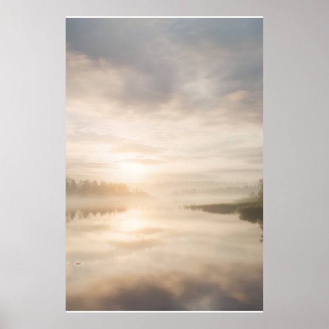 Affiche Reflet doré du lever de soleil sur le lac brumeux (Devant)