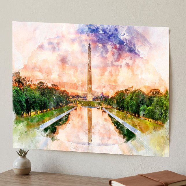 Affiche Reflet du coucher de soleil aquarelle du Monument  (Washington Monument Watercolor Sunset Reflection. Poster)
