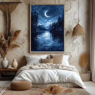Affiche Reflet du lac au clair de lune en monochrome bleu