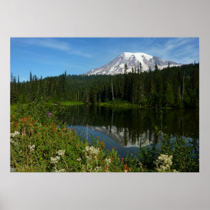 Affiche Reflet du lac du mont Rainier avec des fleurs sauv