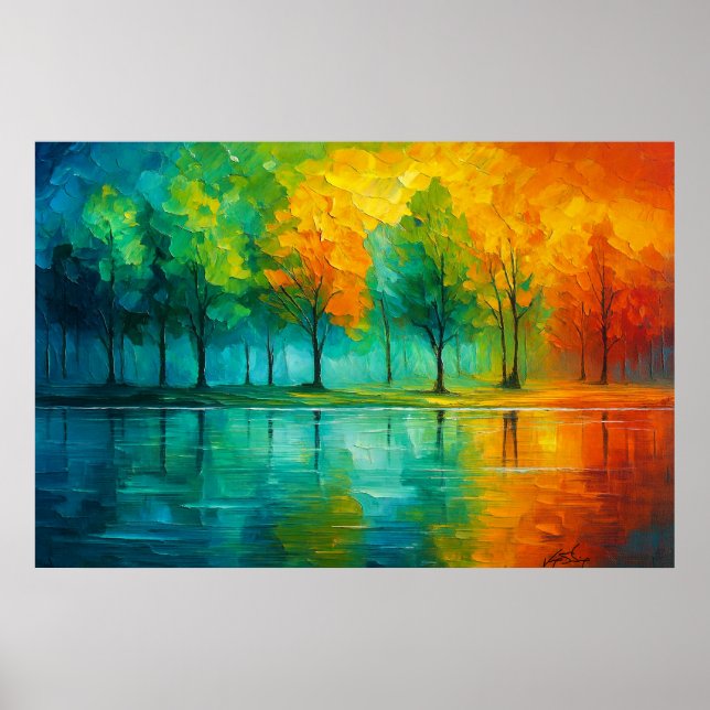 Affiche Reflets chromatiques - Forêt arc-en-ciel au-dessus (Devant)