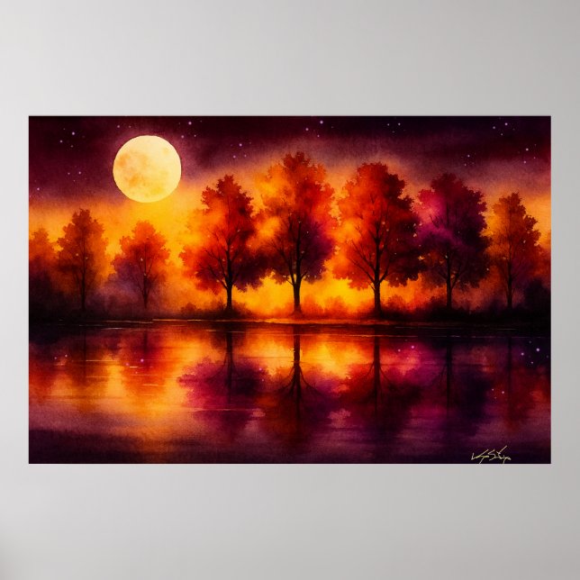 Affiche Reflets d'Automne au Clair de Lune : Forêt de Nuit (Devant)
