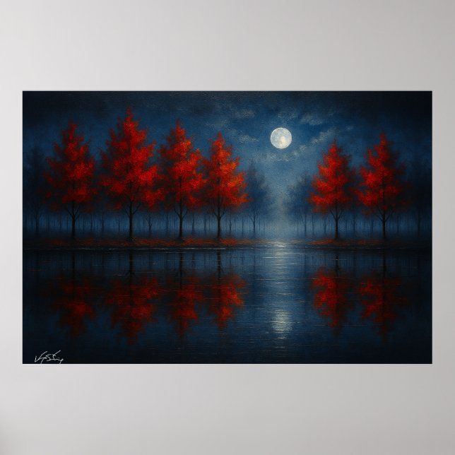 Affiche Reflets de la forêt rouge au clair de lune – Nuit  (Devant)