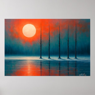 Affiche Reflets du coucher de soleil avec des arbres dénud