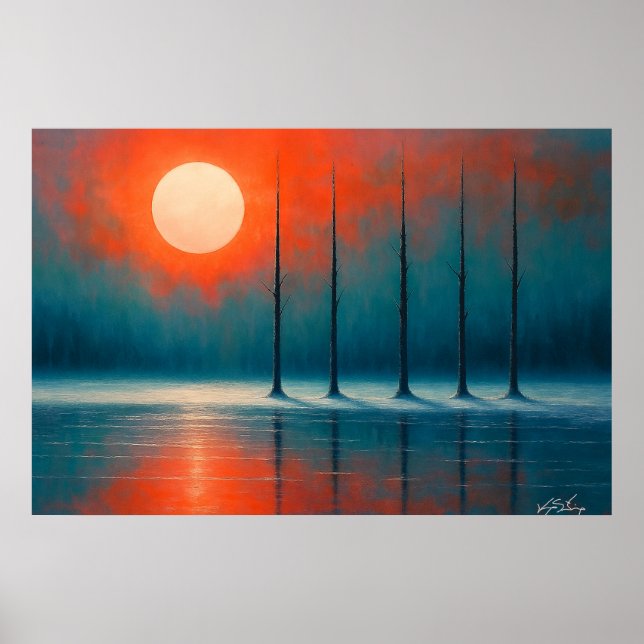 Affiche Reflets du coucher de soleil avec des arbres dénud (Devant)