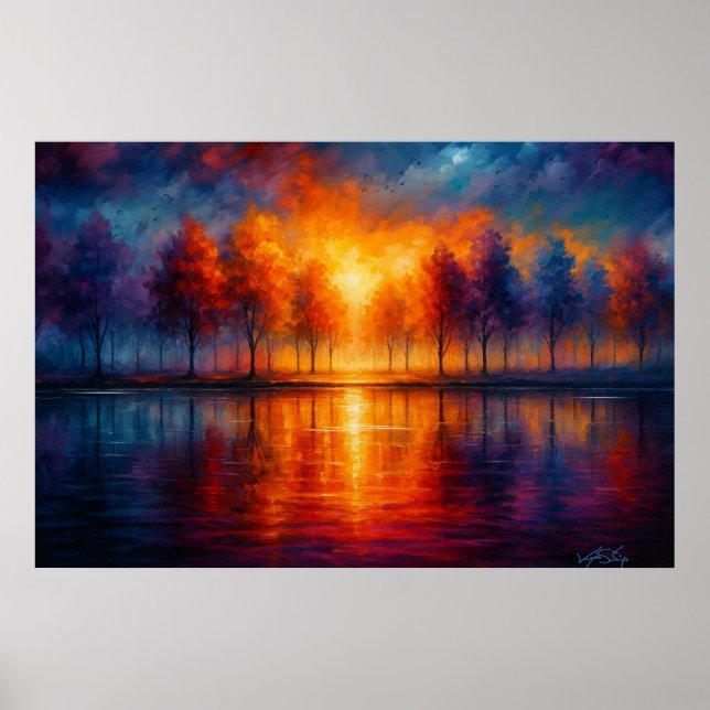 Affiche Reflets du coucher de soleil sur le lac d'automne (Devant)