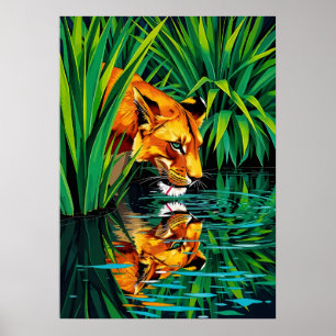 Affiche Réflexion de la lionne de la jungle - Art de l'eau
