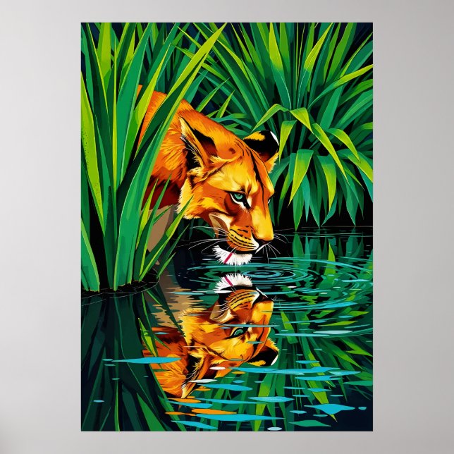 Affiche Réflexion de la lionne de la jungle - Art de l'eau (Devant)