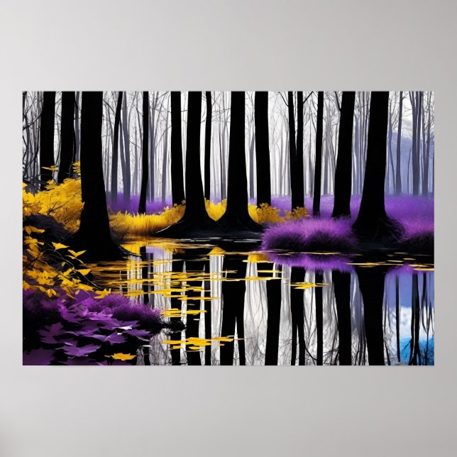 Affiche Réflexion des arbres noirs et blancs et violet jau (Devant)