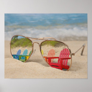 Affiche Réflexion des chaises de plage dans les lunettes d