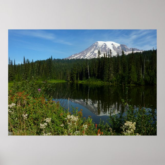 Affiche Réflexion du lac Rainier avec Fleurs sauvages (Devant)