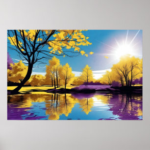 Affiche Réflexion sur le lac paisible des arbres violets e