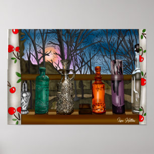 Affiche Réflexion   Vases en verre coloré dans la fenêtre